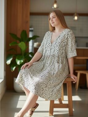 Polagram Floral Babydoll Midi Cottagecore Boho Button Front Pocket Dress